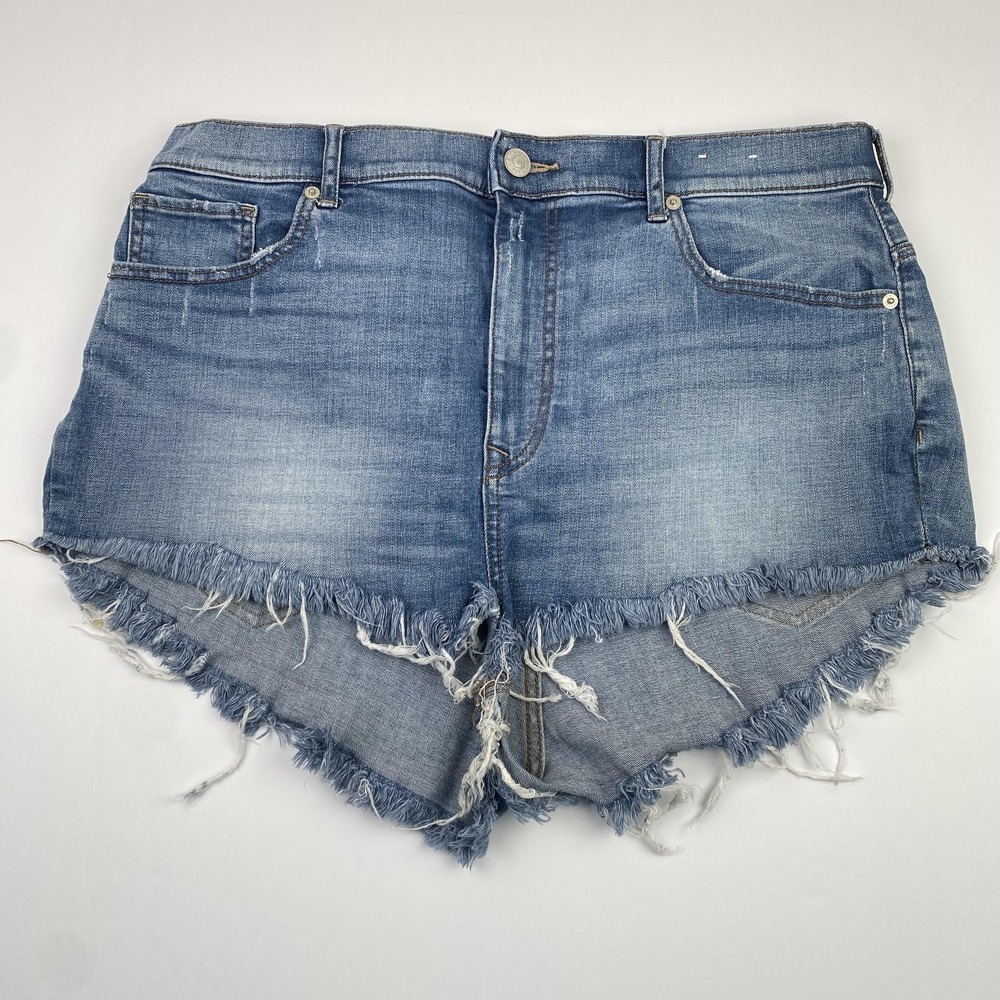 Express Cheeky Super High Rise Shorts Womens 16 (36x4) Blue Cutoff Frayed Hem